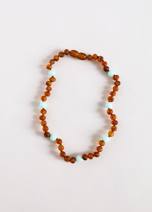 Raw Cognac Baltic Amber + Amazonite || Halo Necklace ||: 11" Baby Necklace