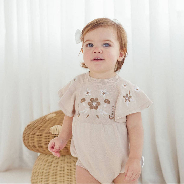 Aster & Oak Floral Embroidered Oat Knit Romper