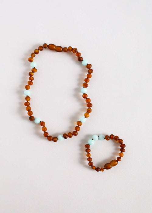Raw Cognac Baltic Amber + Amazonite || Halo Necklace ||: 11" Baby Necklace