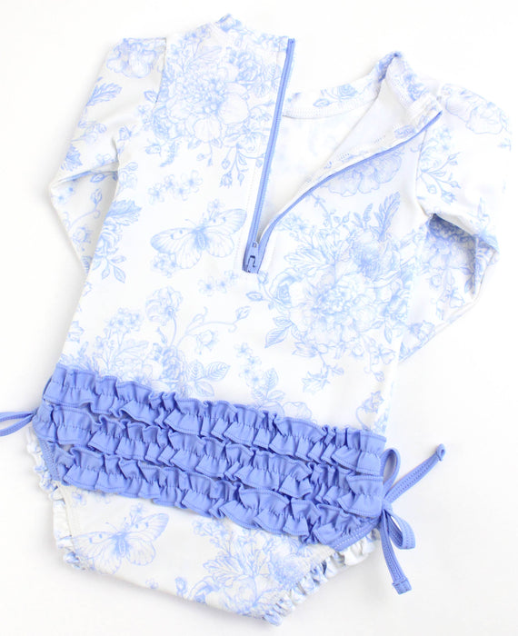 Baby Girls Periwinkle Butterfly Garden Long Sleeve One Piece Rash Guard Swimsuit with Signature Rear Ruffles