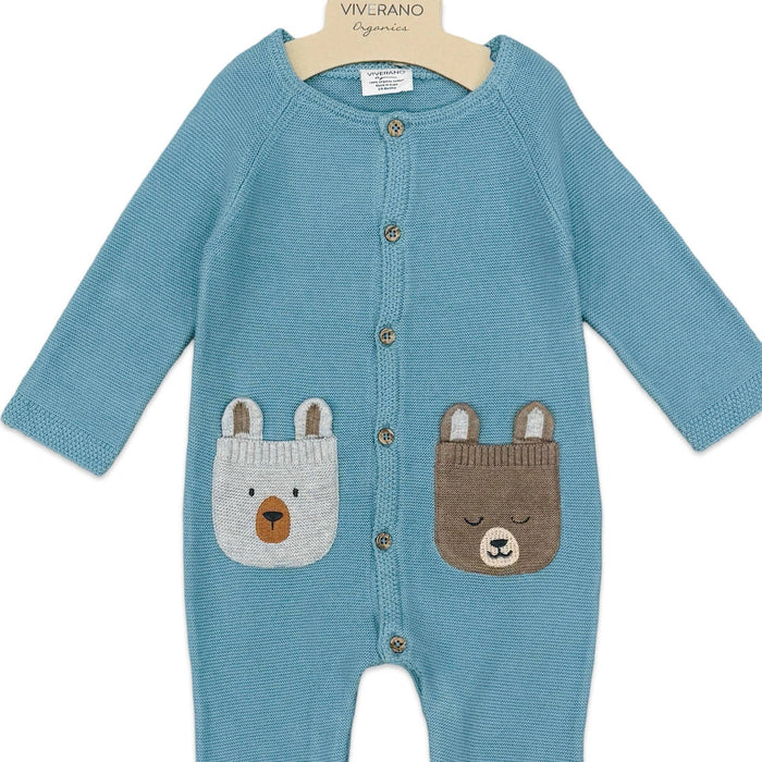 Viverano Organics Bear Embroidered Pocket Sweater Knit Baby Jumpsuit