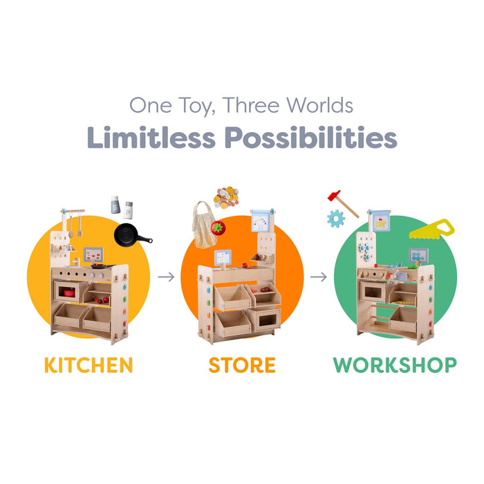 HABA Creative Play 3-in-1 – Play Kitchen, Store & Workshop