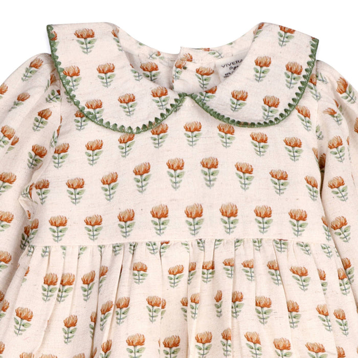 Viverano Organics Ina Block Print Floral Baby Dress & Bloomer Set (Linen)