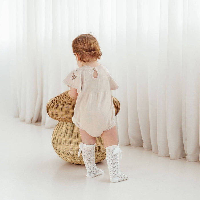 Aster & Oak Floral Embroidered Oat Knit Romper