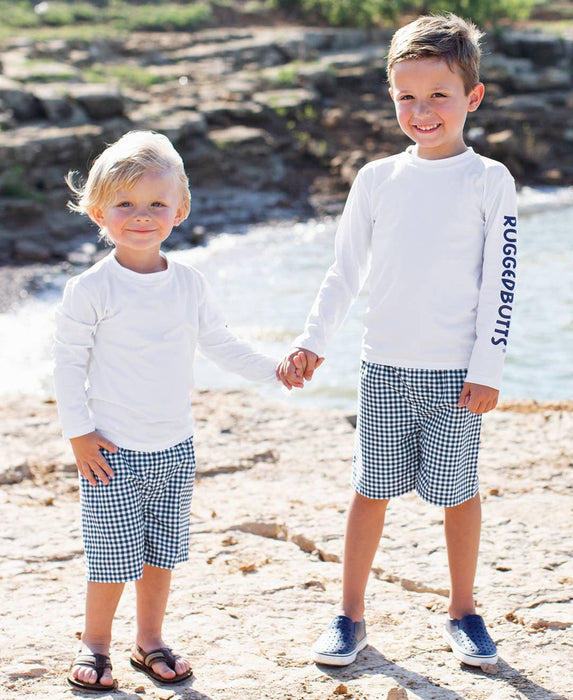 Boys Navy Gingham Swim Trunks