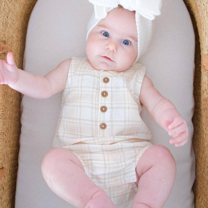Aster & Oak Beige Plaid Flannel Bubble Romper