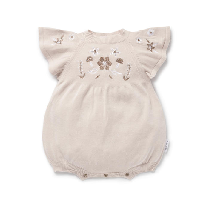 Aster & Oak Floral Embroidered Oat Knit Romper
