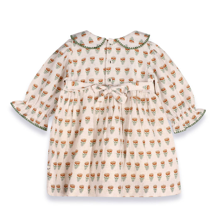 Viverano Organics Ina Block Print Floral Baby Dress & Bloomer Set (Linen)