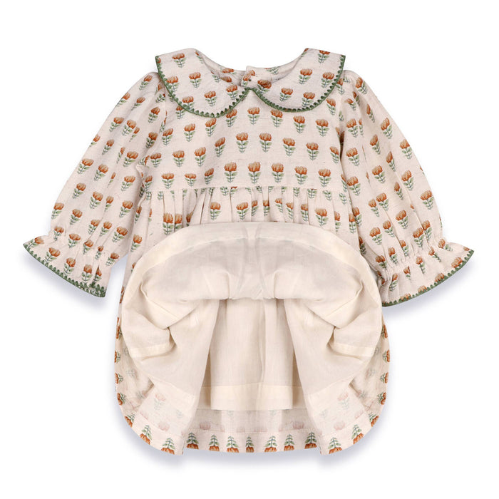 Viverano Organics Ina Block Print Floral Baby Dress & Bloomer Set (Linen)