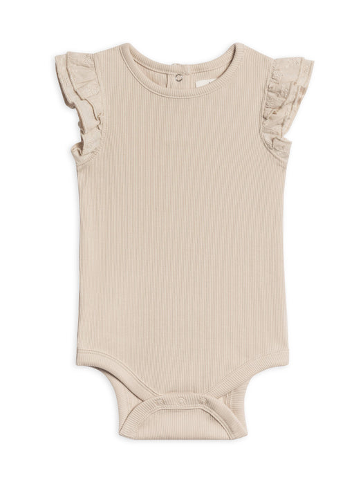 Colored Organics Maggie Ribbed SS Bodysuit with Eyelet Ruffle - Oat