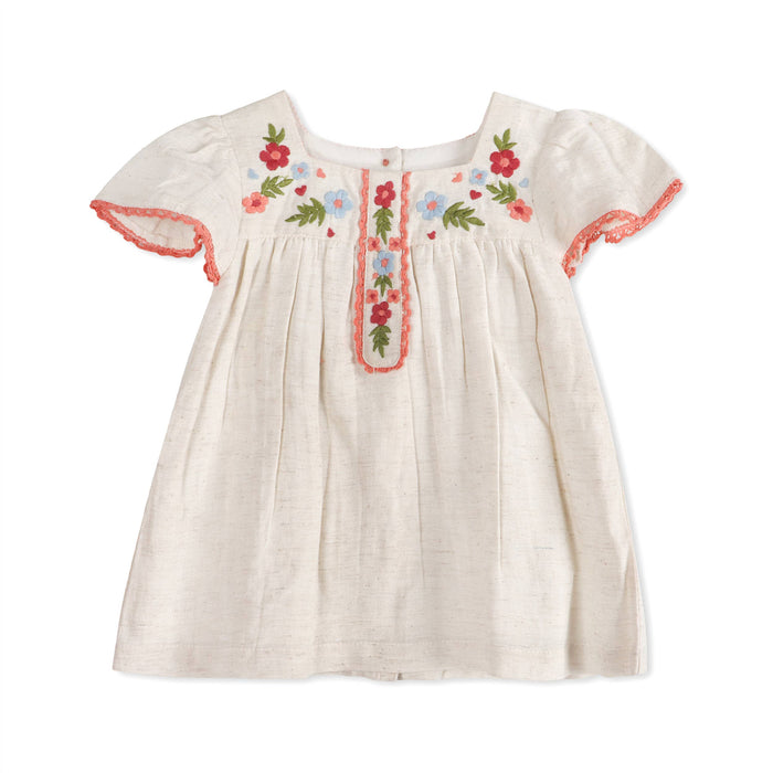 Gabi Embroidered Baby Dress + Bloomer (Linen Blend)