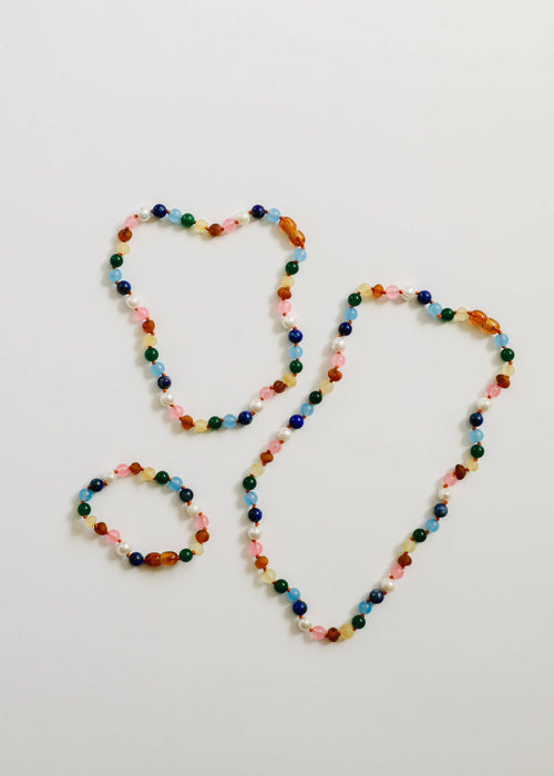 Raw Baltic Amber and Pearl Necklace + Sweet Pink Gemstones