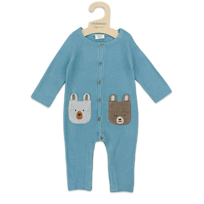 Viverano Organics Bear Embroidered Pocket Sweater Knit Baby Jumpsuit
