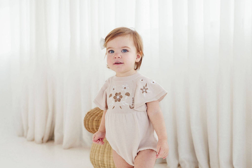 Aster & Oak Floral Embroidered Oat Knit Romper