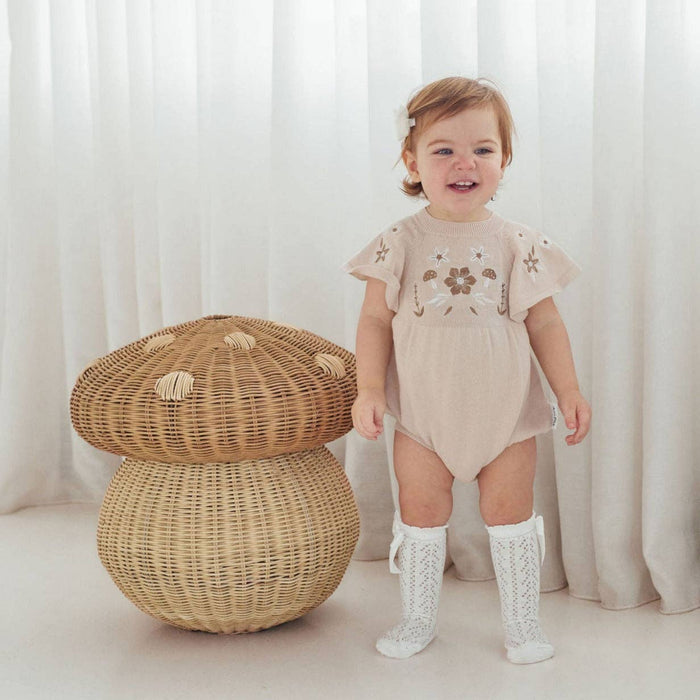 Aster & Oak Floral Embroidered Oat Knit Romper