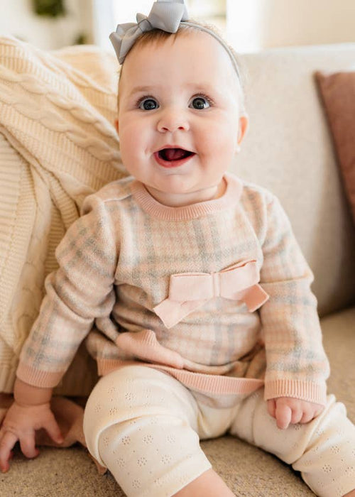 Viverano Organics Sophie Bow Checkered Sweater Knit Baby Dress -Organic Cotton