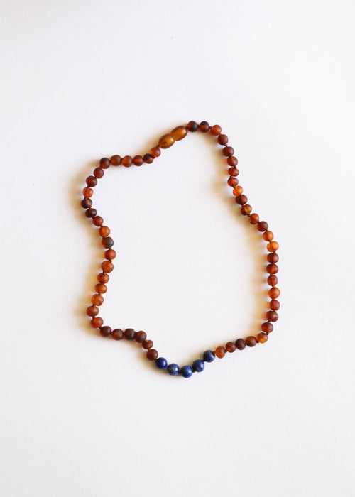Raw Cognac Baltic Amber + Lapis Stone Necklace