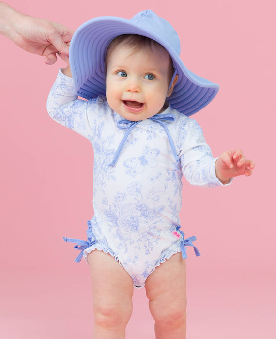 Baby Girls Periwinkle Butterfly Garden Long Sleeve One Piece Rash Guard Swimsuit with Signature Rear Ruffles