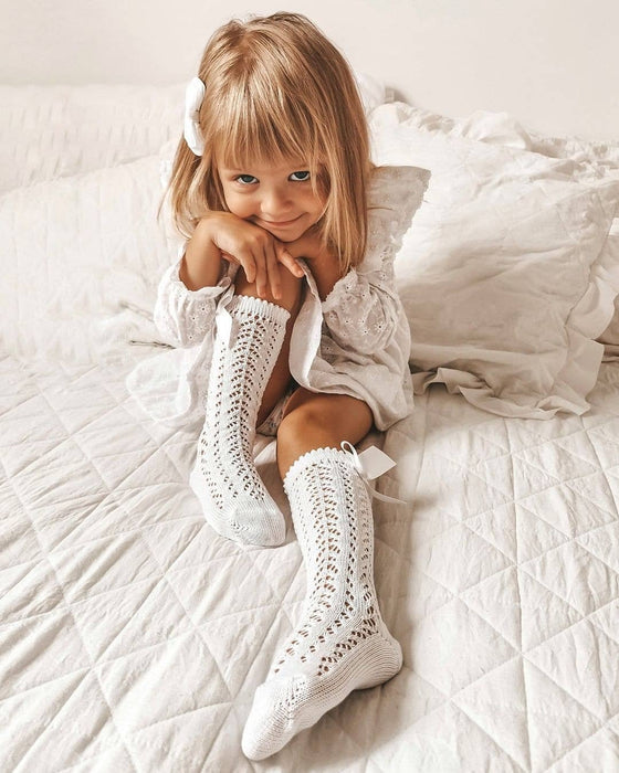 Full Openwork Lace Knee High Socks - White