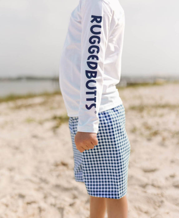 Boys Navy Gingham Swim Trunks