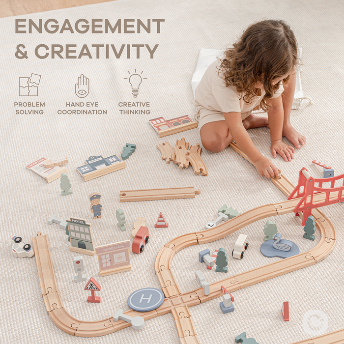 100-PC Wooden Train Set for Toddlers Ages 1+ by Comfy Cubs