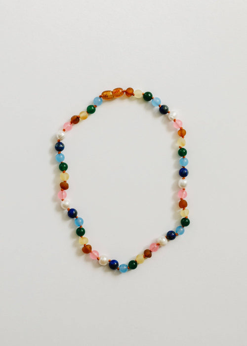 Raw Baltic Amber and Pearl Necklace + Sweet Pink Gemstones