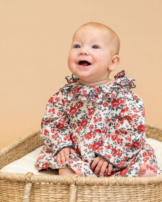 Viverano Organics Amour Rose Floral Ruffle Baby Dress & Bloomer (Linen Blend)