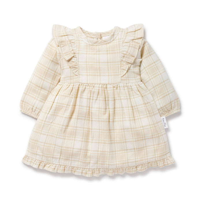 Aster & Oak Beige Plaid Ruffle Flannel Dress