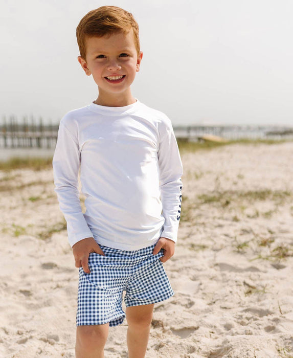 Boys Navy Gingham Swim Trunks