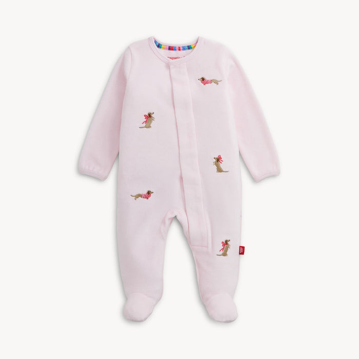 Magnetic Me Embroidery Dogs Pink Velour Footie