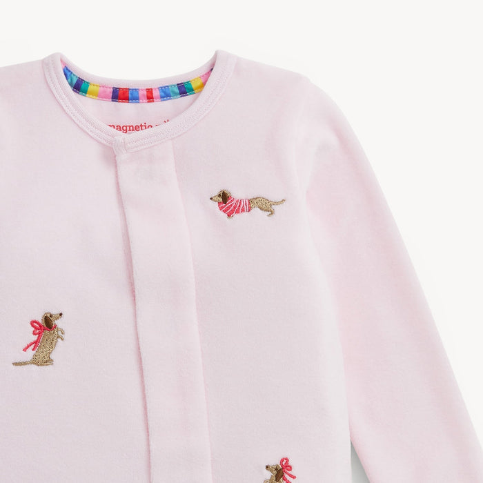 Magnetic Me Embroidery Dogs Pink Velour Footie