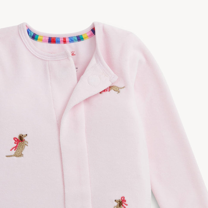 Magnetic Me Embroidery Dogs Pink Velour Footie