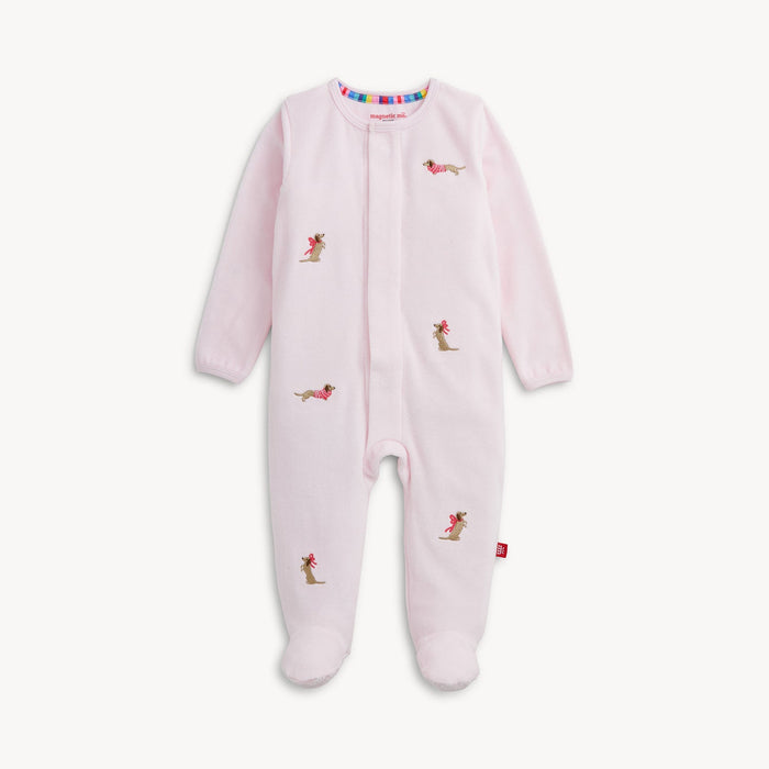 Magnetic Me Embroidery Dogs Pink Velour Footie