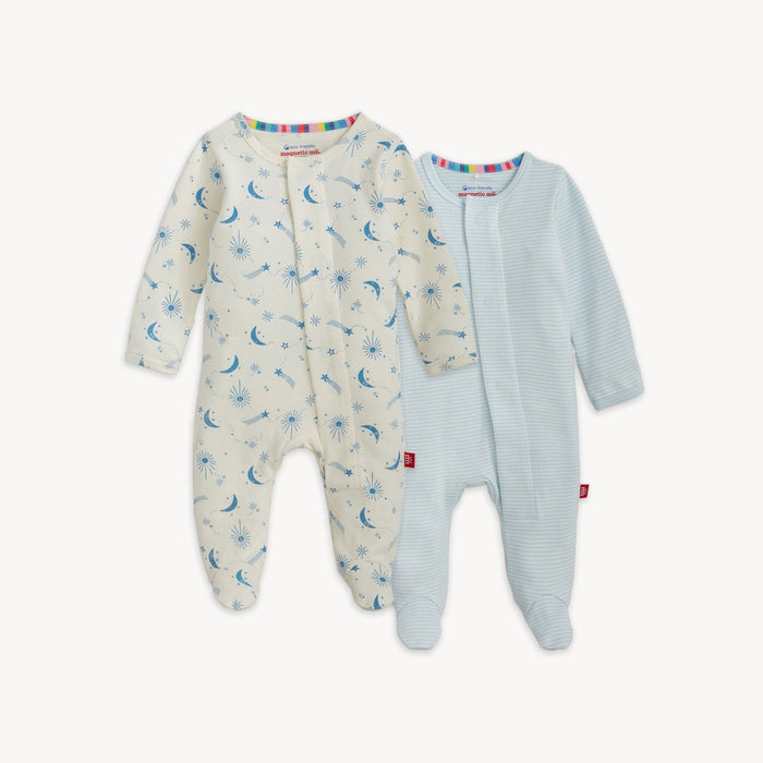 Magnetic Me Organic Cotton Footie 2 Pk - Moon Song/Bashful Blue Stripe