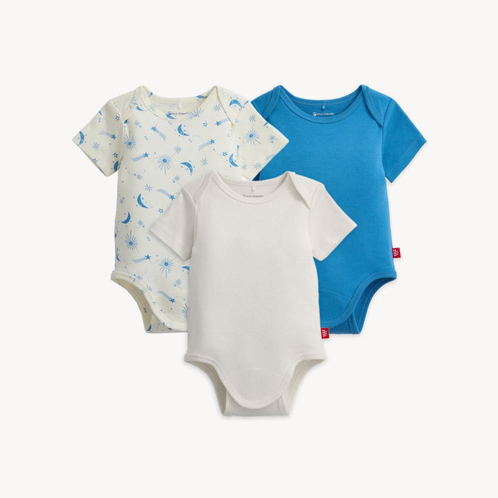 Magnetic Me Organic Cotton Bodysuit 3 Pk - Moon Song/Chicago Blue/Bashful Blue Stripe
