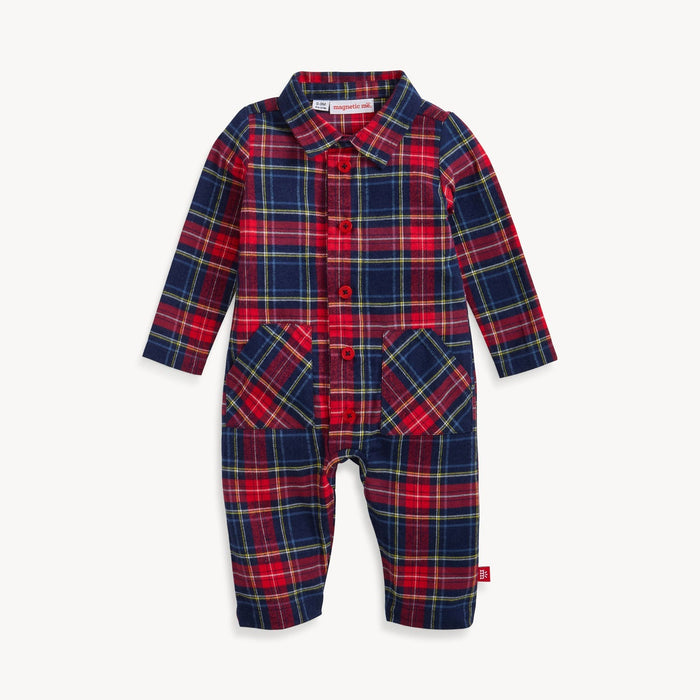 Magnetic Me Patch Pocket Romper: Holiday Plaid