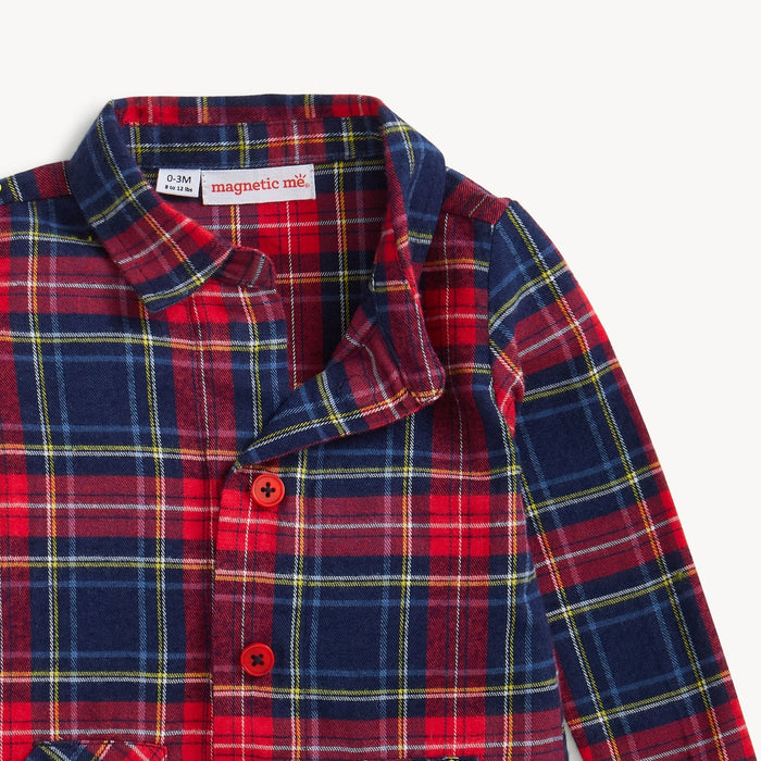 Magnetic Me Patch Pocket Romper: Holiday Plaid