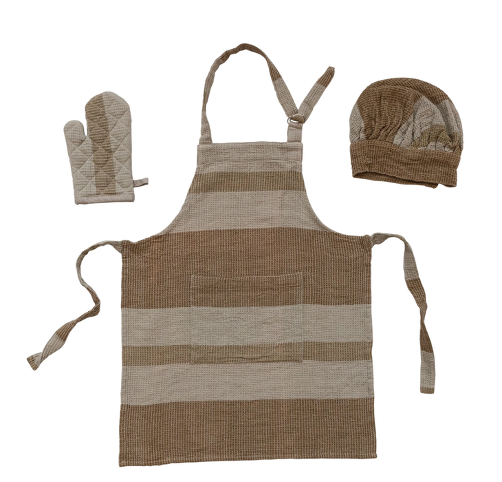 Creative Co-Op Cotton Child Apron with Chef Hat and Oven Mitt - Waffle Weave with Stripes