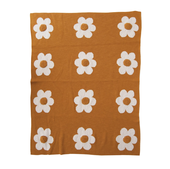 Creative Co-Op Cotton Knit Baby Blanket with Flowers and Tufting