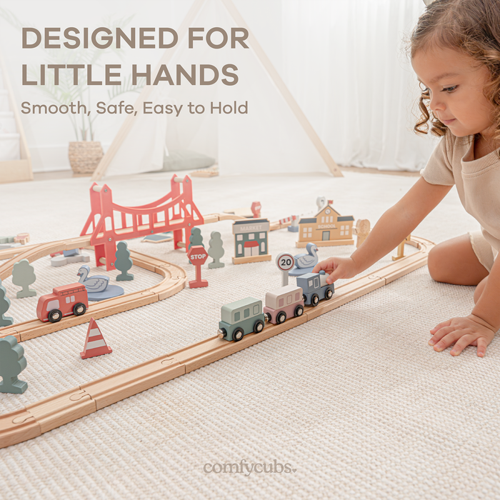 100-PC Wooden Train Set for Toddlers Ages 1+ by Comfy Cubs