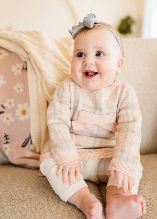 Viverano Organics Sophie Bow Checkered Sweater Knit Baby Dress -Organic Cotton