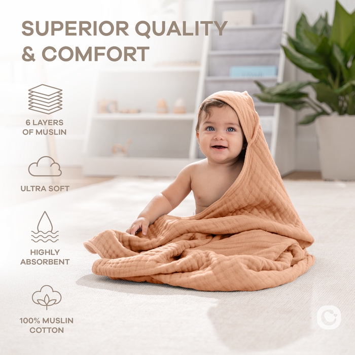 Hooded Baby Towel, 6 Layer 100% Muslin Cotton by Comfy Cubs