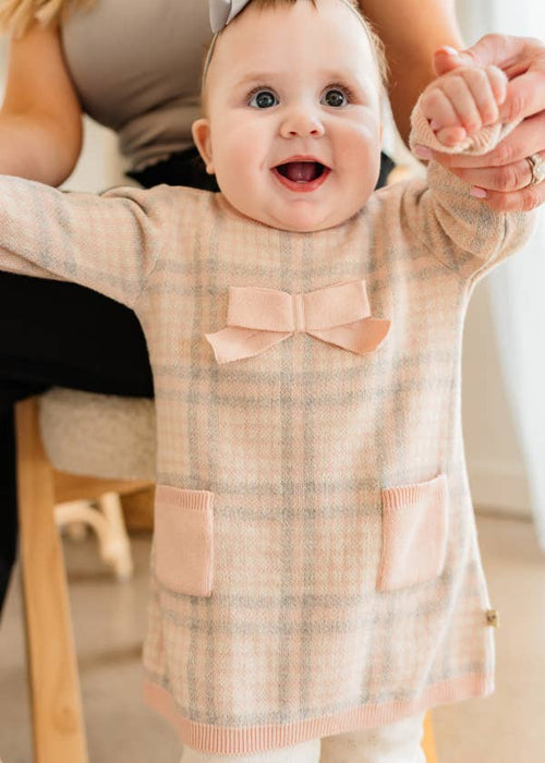 Viverano Organics Sophie Bow Checkered Sweater Knit Baby Dress -Organic Cotton