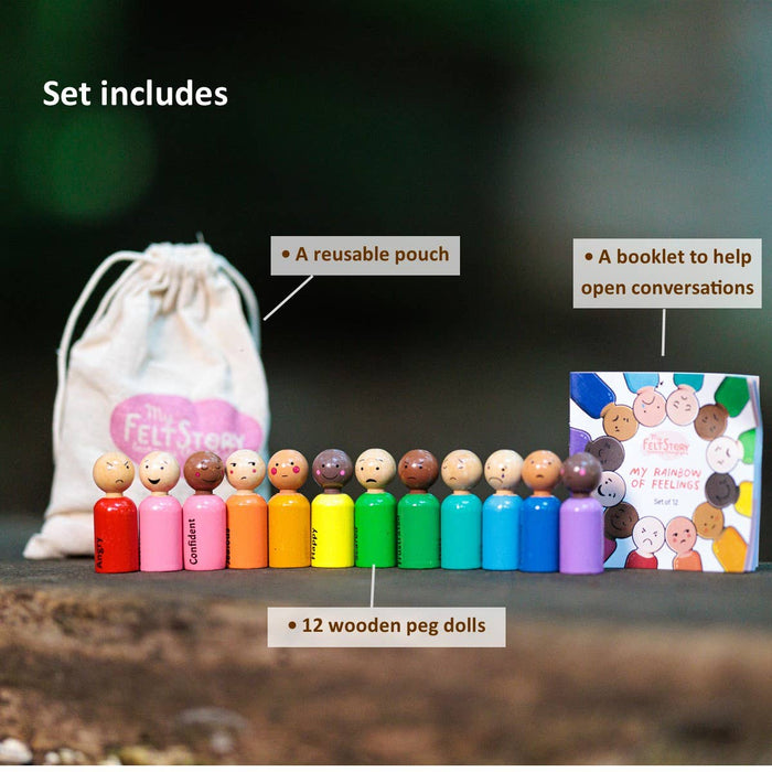 Rainbow Feeling Peg Dolls 12 Set, Multi Skin Tone
