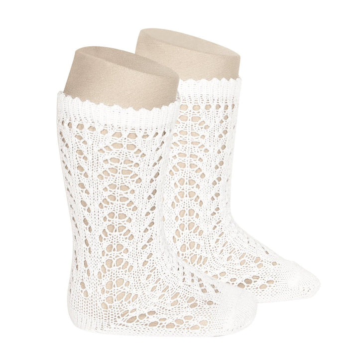 Full Openwork Lace Knee High Socks - White