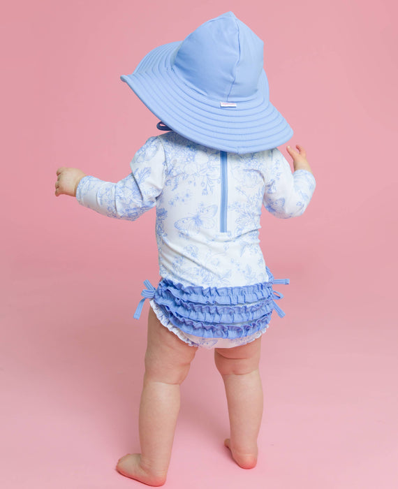 Baby Girls Periwinkle Butterfly Garden Long Sleeve One Piece Rash Guard Swimsuit with Signature Rear Ruffles