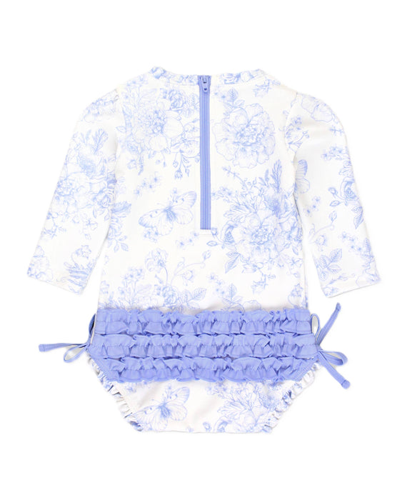 Baby Girls Periwinkle Butterfly Garden Long Sleeve One Piece Rash Guard Swimsuit with Signature Rear Ruffles