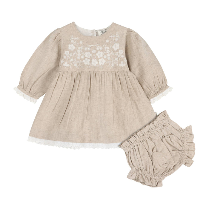 Lydia Linen Embroidered Baby Dress & Bloomer Set (Organic)