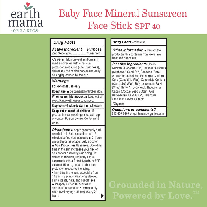 Earth Mama Organics Baby Face Mineral Sunscreen Face Stick - SPF 40