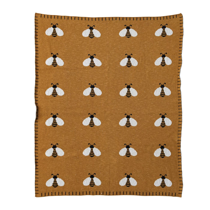 Creative Co-Op Cotton Knit Baby Blanket w/ Bees & Blanket Stitch